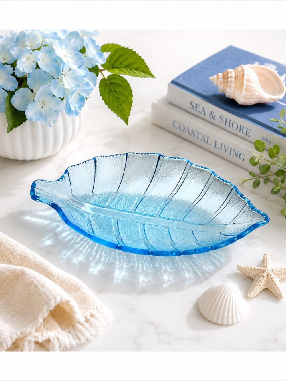 Vintage Aqua Blue Glass Leaf Dish Candy Bowl Trinket Tray Like New
